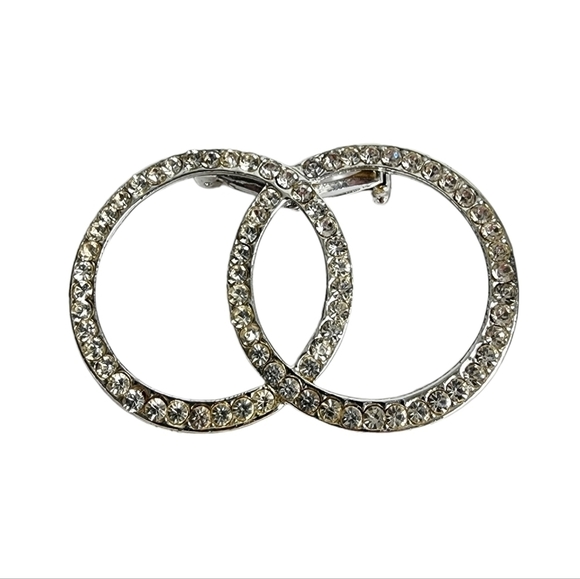 Vintage Estate Double O Circle Rhinestone Brooch Silver Tone Pin - Picture 1 of 5